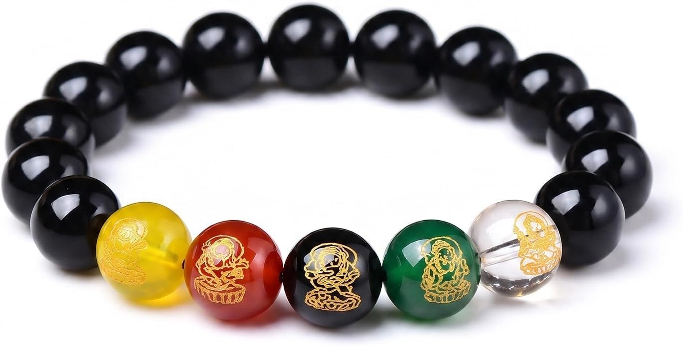 LINGYUAN Feng Shui Wealth and Luck Bracelet with Gold Foil Five Gods Amulet-Red Agate Cinnabar Gemstone Bracelet for Prosperity, Protection & Success, Lucky Charm Gift for Men & Women