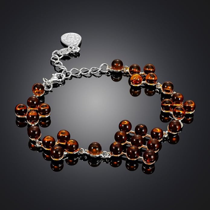 925 Sterling Silver Baltic Amber Bead Bracelet for Women — Adjustable 6.7–7.5 in, 5 mm Round Cognac Amber, Nickel-Free, Lobster Clasp