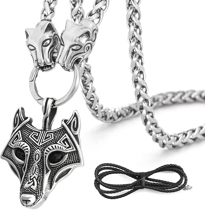 BAVIPOWER Viking Amulet Pendant with Big Wolf Head Chain Necklace 316L Stainless Steel Norse Scandinavian Necklace Authentic Viking