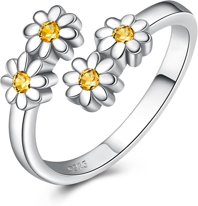 Jinlou 925 Sterling Silver Dainty Daisy Rings Flower Finger Rings For Women Love Promise Band Sunflower Adjustable Thumb Rings For Women