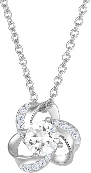 18K Gold Plated Love Knot Necklace for Women, 925 Sterling Silver Round cut Birthstone Pendant Necklace With Chain Lucky Flower Jewelry Gift
