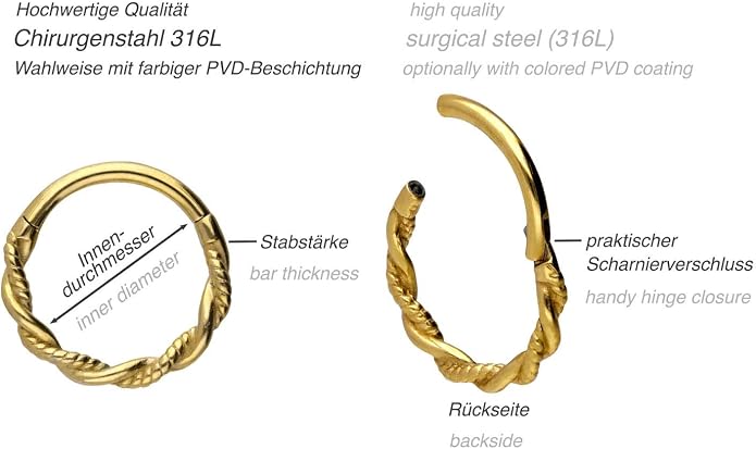 PIERCINGLINE Segment Ring Clicker double twisted Surgical Steel Piercing for nose, septum, ear, helix or tragus - stylish colors and sizes – nose ring hoop tragus hoop helix earrings hoop