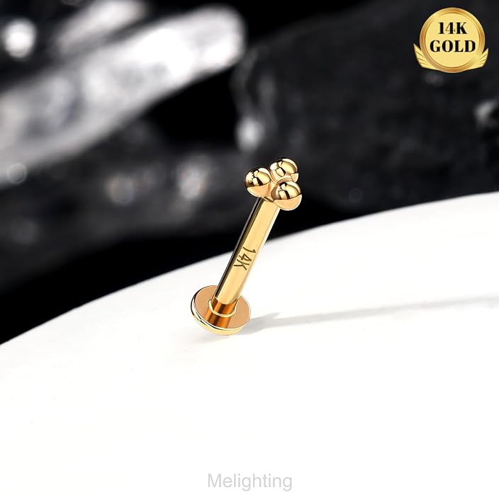 Melighting 14K Solid Gold Cartilage Earring - Internally Threaded 16G Flat Back Stud Earring - Gold Helix Piercing Jewelry - 8mm