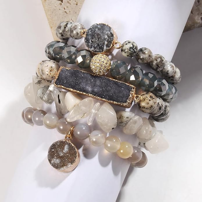 Yomisa 5PCS 6PCS Natural Boho Beaded Bracelets/Bangle for Women Men,Healing Turquoise Jasper Agate Crystal Gemstone Stone Chakra Multilayer Wrap Bohemian Handmade Jewelry Beads Stretch Bracelet Set
