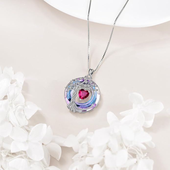 POPLYKE Mothers Day Gifts for Mom Her Wife Tree of Life Necklace 925 Sterling Silver Birthstone Pendant with Crystal Anniversary Birthday Wedding Jewelry for Women