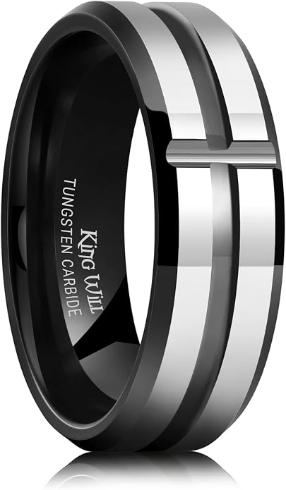 King Will Mens 8mm Rose Gold Groove/Gold Loop/Black Cross Groove Tungsten Carbide Wedding Ring Line Flat Pipe Cut Brushed Polished Comfort Fit 7-14