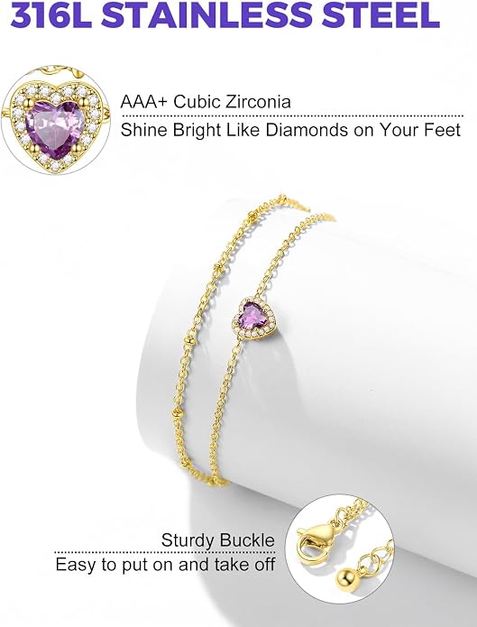 Richsteel Double Layer Heart/Butterfly Birthstone Anklet for Women Non Tarnish Waterproof, Silver/Gold/Black Stainless Steel 8.5-10.5 Inch Adjustable Chain Anklets Jewelry Gifts for Her