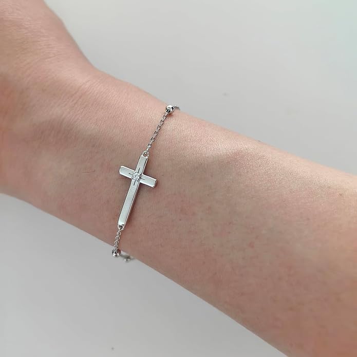 Rnivida 925 Sterling Silver Evil Eye Cross Chain Bracelet for Women,Adjustable