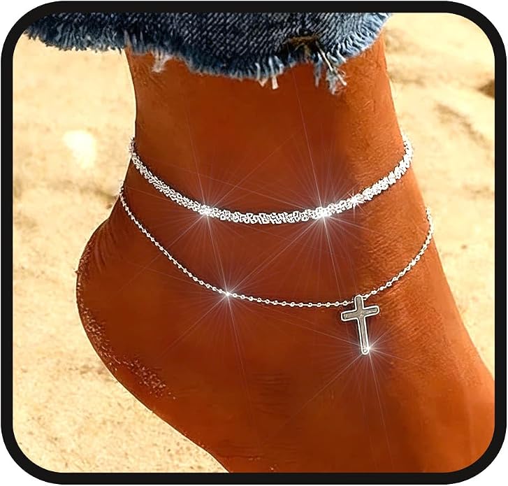 Yalice 925 Sterling Silver Ankle Bracelets for Women Dainty 14K Gold Plated Anklets Set Shiny Waterproof Ankle Chain Cross Beach Foot Jewelry Gifts
