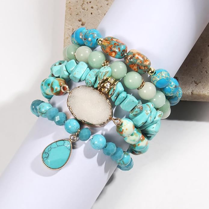 Yomisa 5PCS 6PCS Natural Boho Beaded Bracelets/Bangle for Women Men,Healing Turquoise Jasper Agate Crystal Gemstone Stone Chakra Multilayer Wrap Bohemian Handmade Jewelry Beads Stretch Bracelet Set