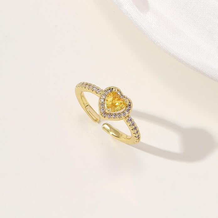 Gold Birthstone Rings for Women Non Tarnish 14k Gold Plated Dainty Heart Rings Adjustable Size Cubic Zirconia Ring Gold Simulated Gemstone Rings Birthday Gifts for Women