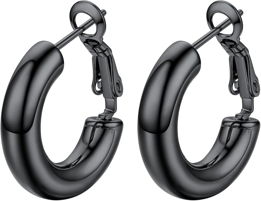 Stainless Steel Chunky Hoop Earrings For Women, Minimalist and Chic, Black/Gold Plated, Round Hoops Earrings Hypoallergenic, Size: 30mm/40mm/60mm/80mm, Come with Box