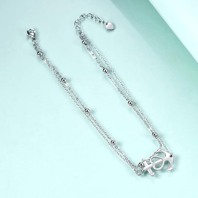 Rnivida 925 Sterling Silver Anklet for Women, Multilayer Foot Chain Adjustable Ankle Bracelet for Women