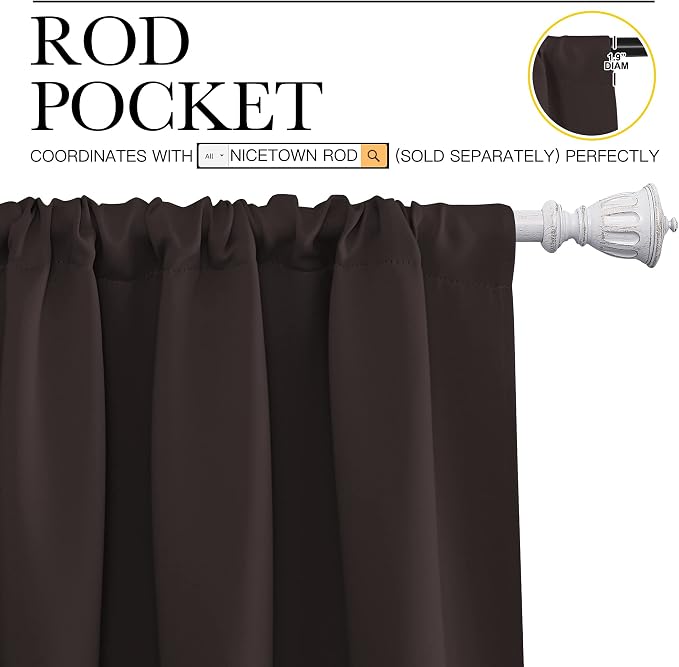 NICETOWN Kitchen Curtains, Short Blackout Curtains & Drapes, Energy Smart Noise Reducing Curtain Panels for Kids Bedroom (Toffee Brown, 34" Wide x 45" Long, 2 Pieces)