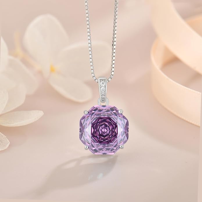 YIFISIY Rose Necklaces for Women, 925 Sterling Silver Rose cut Birthstone Pendant Octagonal Flower Jewelry Gifts for Her