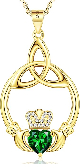 Gift Birthstone Necklaces for Women 925 Sterling Silver Irish Claddagh Necklace for Women Heart Birthstone Pendant Necklace Anniversary Birthday Gifts for Wife Lady Cable Chain 18"+2"