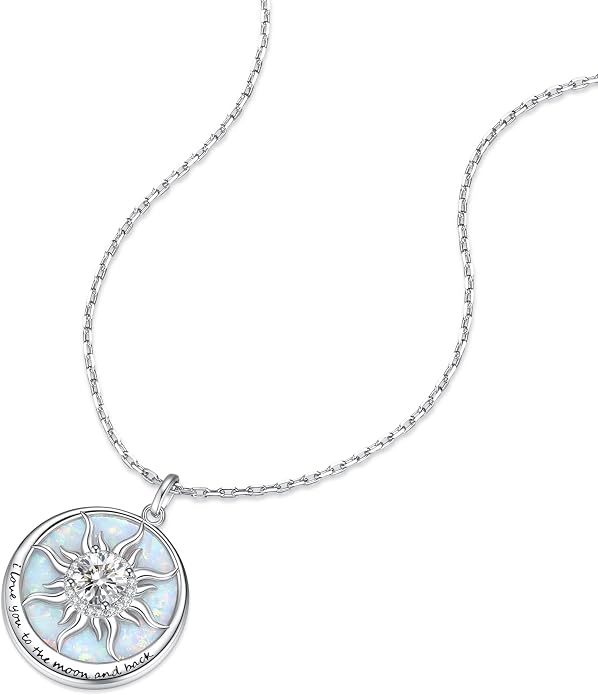 FANCIME Sunflower Necklace with Engraved Messgae 925 Sterling Silver Opal Gemstone Pendant Fine Jewelry Anniversary Birthday Gifts for Women Mom Wife Her, Chain Length 16+2 Inch