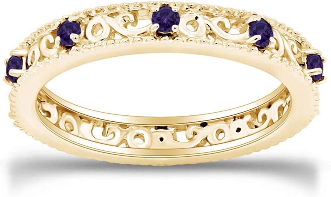 Jewel Zone US Filigree Eternity Wedding Band Ring for Women, Round Cut Simulated Gemstone Stackable Promise Ring in 14K Gold Plated 925 Sterling Silver Band Width 3.5mm – Elegant Jewelry for Her