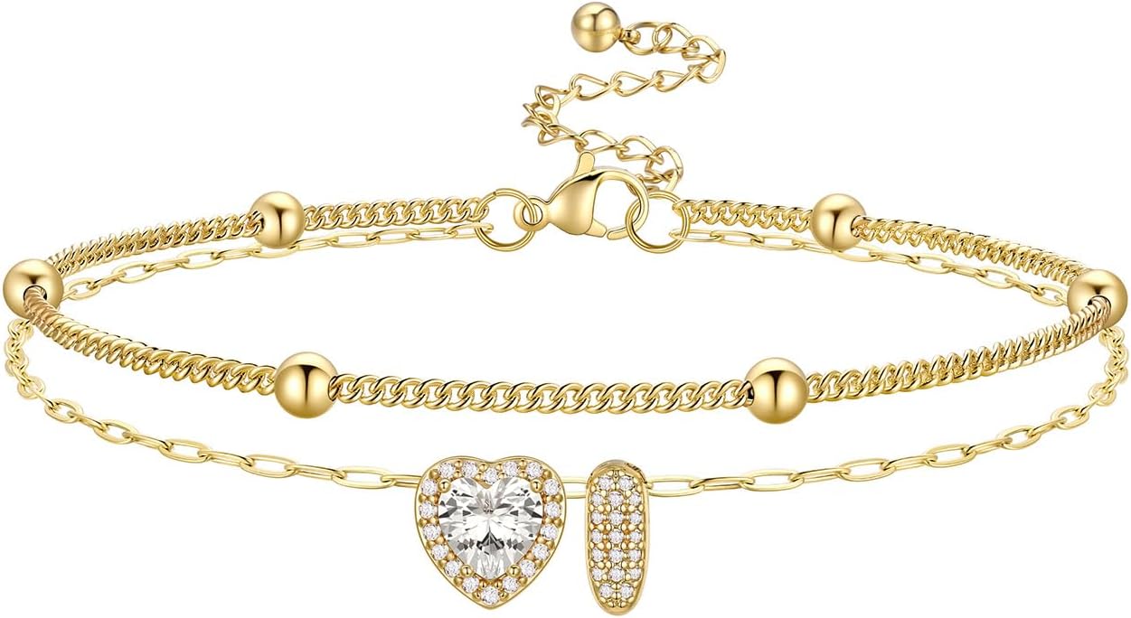 Bestyle Initial Anklet Bracelets for Women Waterproof Non Tarnish 14K Gold/White Gold Plated CZ Anklets for Women Dainty Layered Letter Heart Ankle Bracelets Adjustable Foot Chain Anklet