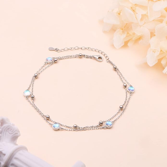 Flyow Anklet for Women S925 Sterling Silver Adjustable Foot Beaded Heart Charm Ankle Bracelet Anklets Jewelry