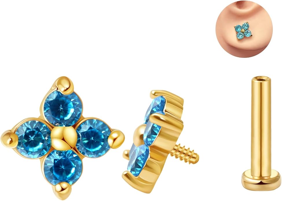 FANSING CZ Flower Internally Threaded Flat Back Earring Labret Stud for Cartilage Tragus Helix Conch
