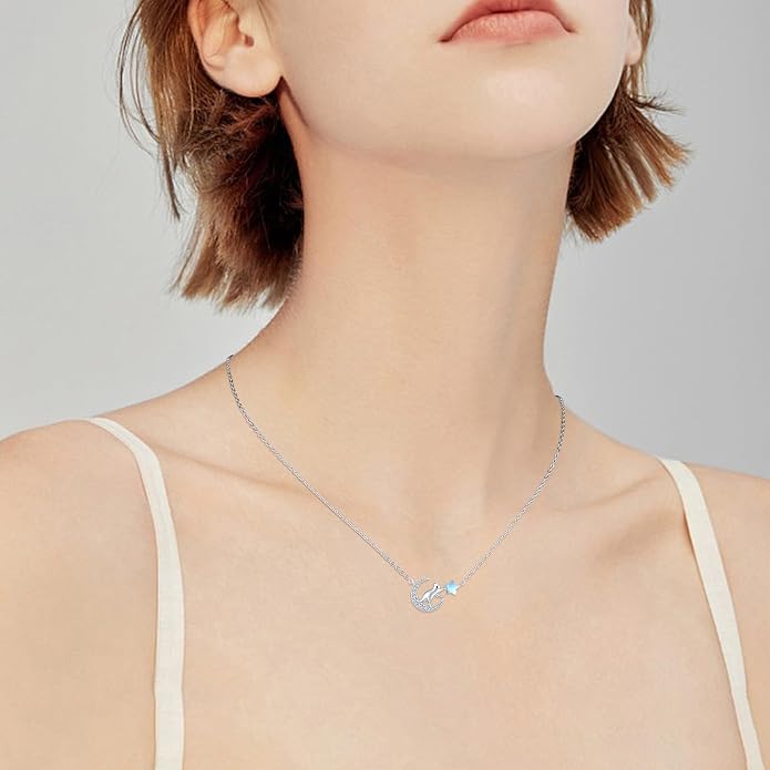 TRISHULA Crescent Moon Necklace 925 Sterling Silver Eye of Horus Animal Moon Pendant with Heart Crystal Birthday Jewelry Gift for Women Christmas Gifts for Her