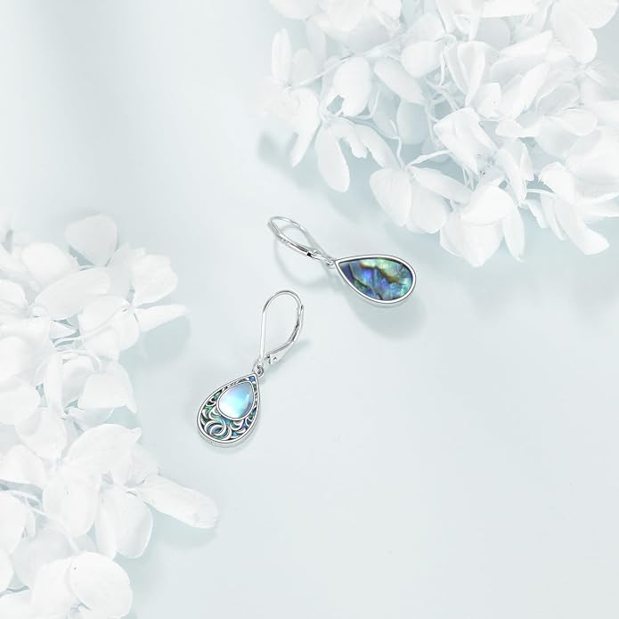 POPLYKE Filigree Moonstone Dangle Earrings 925 Sterling Sliver Teardrop Celtic Earrings Abalone Shell Filigree Jewelry for Women