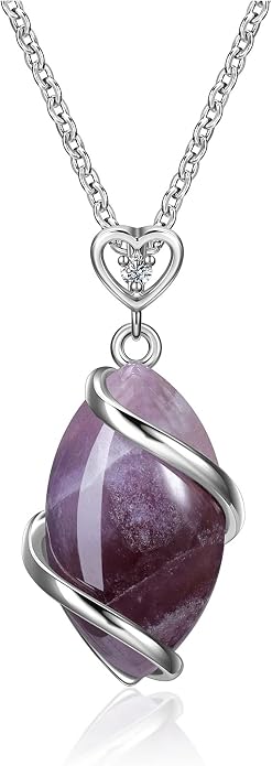 Jovivi Amethyst Rose Quartz Stone Necklace for Women Men, Full Wire Wrapped Natural Gemstone Reiki Healing Crystal Pendant Jewelry