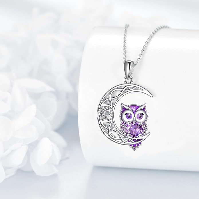 Owl Birthstone Necklace Sterling Silver Celtic Moon Pendant Cubic Zirconia Owls Jewelry Birthday Gifts for Women Men
