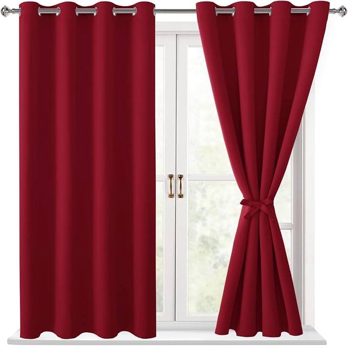 Hiasan Blackout Curtains for Bedroom, 52 x 54 Inches Long - Thermal Insulated & Light Blocking Window Curtains for Living Room, 2 Drape Panels Sewn with Tiebacks, Christmas Red