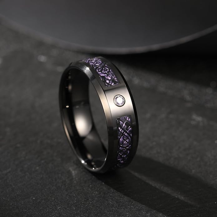 TUNGSTORY 8mm Black Celtic Dragon Tungsten Carbide Wedding Ring with Green Carbon Fiber and CZ Inlay Polished Finish Beveled Edge Size 6-16