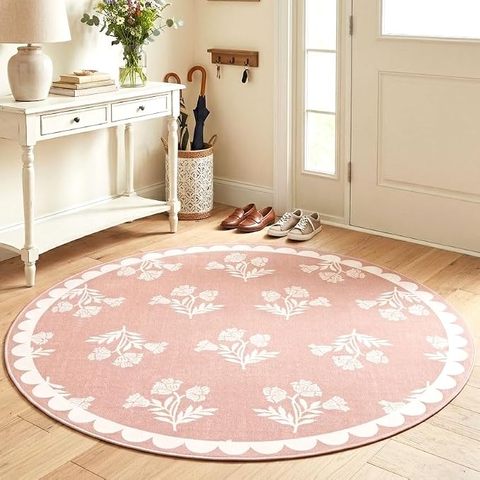 Pink Round Rug 4ft - Soft Washable Boho Floral Round Bedroom Rug Non Slip Stain Resistant Cute Scalloped Circle Area Rugs for Living Room Bathroom Nursery Dining Room Rugs for Under Table