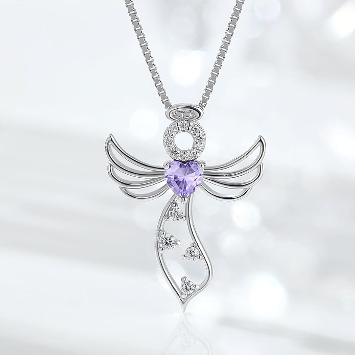 925 Sterling Silver Guardian Angel Pendant Necklace for Women - Birthstone Cubic Zirconia, 18" Chain, Gift for Her