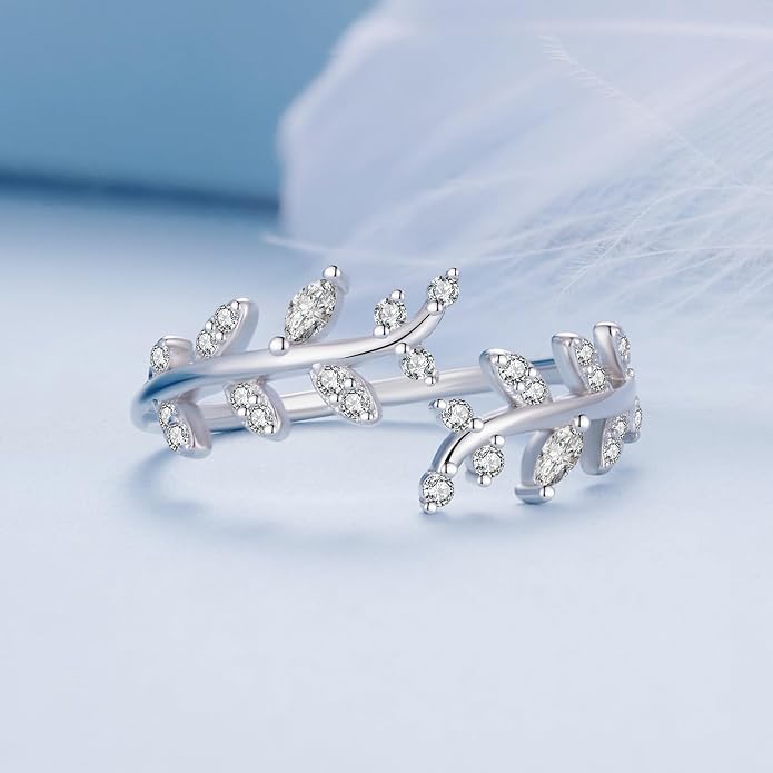 MUNDELL 925 Sterling Silver Simple Multi-layer Leaf Adjustable Ring Green Lucky Leaves Statement Ring for Women Promise Ring Fine Jewelry