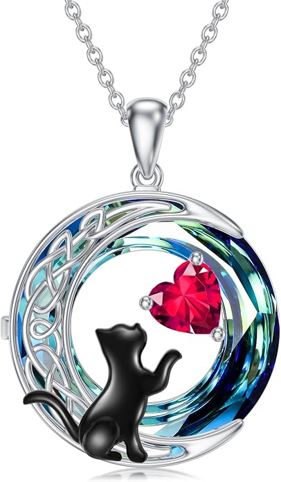 TOUPOP Cat Gifts for Cats Lovers 925 Sterling Silver Black Cat Necklace Celtic Moon Birthstone Jewelry for Women Anniversary Birthday Gift for Her Wife Mom