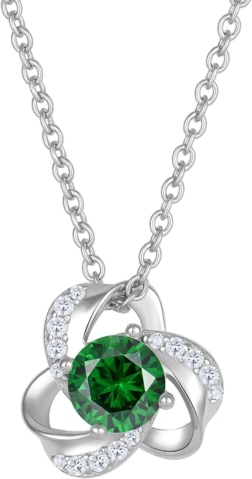 18K Gold Plated Love Knot Necklace for Women, 925 Sterling Silver Round cut Birthstone Pendant Necklace With Chain Lucky Flower Jewelry Gift