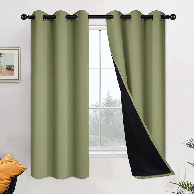 Yakamok Sage Blackout Curtains 63 Inches Long for Bedroom 42" Wide 2 Panel | Blackout Curtain Panels for Bedroom, 2 Thick Layers Grommet Top Thermal Insulated Drapes with Black Liner for Living Room