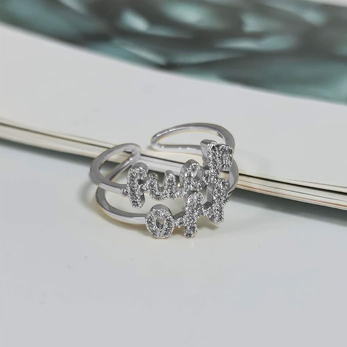 MOROTOLE Women Statement Letters Personalized Ring 18K Gold Plated Open Rings Hypoallergenic Cubic Zirconia Adjustable Rings for Women