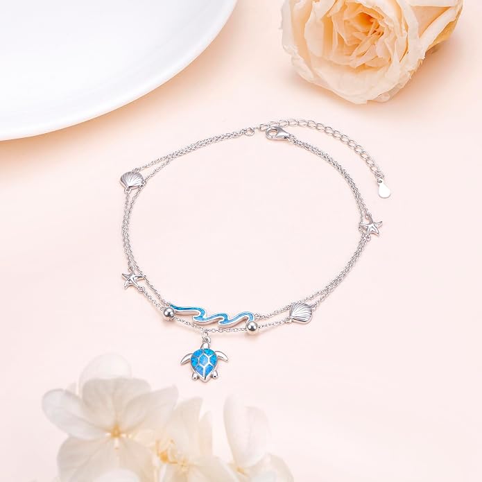 Ladytree S925 Sterling Silver Boho Beach Double Layer Anklets Bracelet for Women Adjustable 9 to 11 inches