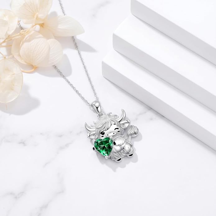 PELOVNY Teddy Bear Necklace for Women 925 Sterling Silver Bear/Highland Cow/Fox/Cat/Axolotl Birthstone Necklace Christmas Birthday Jewelry Gifts for Mom Daughter Wife Sister