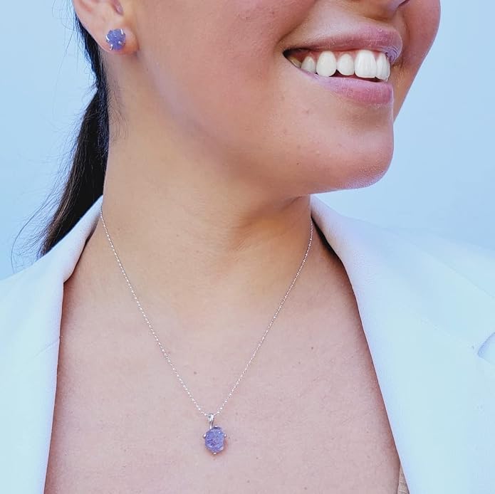 Natural raw gemstone pendant chain necklace with white gold over 925 solid sterling silver, birthstone dainty solitaire gift for her, uniquelan jewelry
