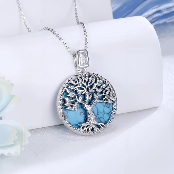 Tree of Life Moissanite Necklace, 925 Sterling Silver 0.5 Carat Moissanite Abalone Shell/Opal/Black Onyx/Turquoise/Malachite/Tiger Eye Stone Tree of Life Pendant Necklaces Jewelry Gift for Women Mom