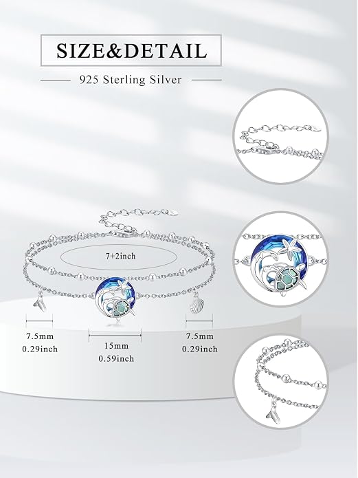 Sea Turtle/Dolphin/Starfish/Seashell/Compass Bracelet for Women 925 Sterling Silver Ocean Wave Anklet Summer Hawaiian Jewelry Gift for Her
