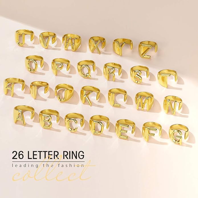 KeyStyle Bold Initial Letter Rings Adjustable, GoldChic Jewelry Women Gold Statement Ring Personalized Engraved Women’s Open Signet Ring for Party (Gold, White Gold, Black)