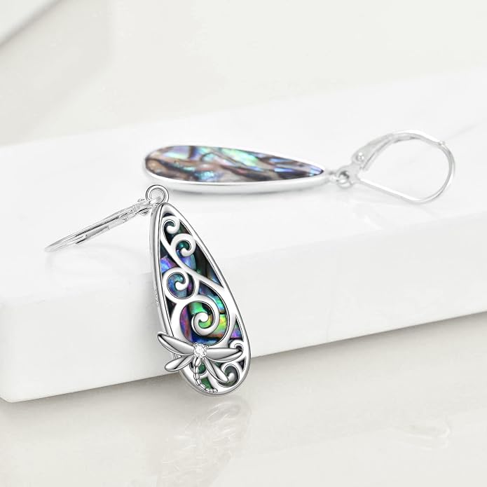 CRMAD Hummingbird/Bee/Leaves/Sunflower/Daisy/Dragonfly/Rose/Lotus Flower Sterling Silver Filigree Teardrop Earrings Abalone Shell Jewelry for Women
