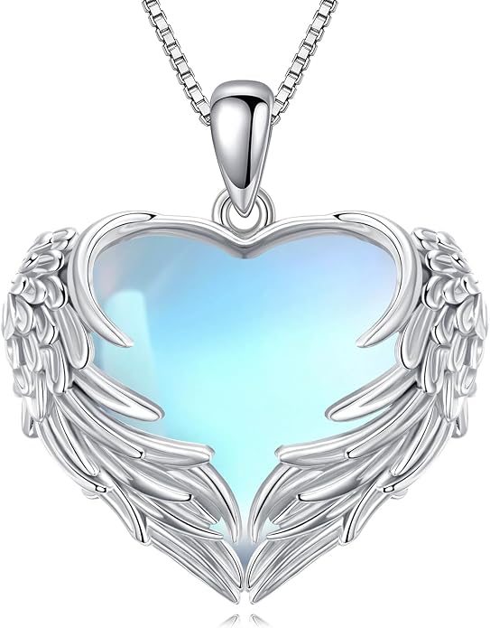 Angel Wings Necklace for Women 925 Sterling Silver Birthstone Guardian Necklace Jewelry Angel Wings Moonstone, Crystal Pendant Jewelry Gifts