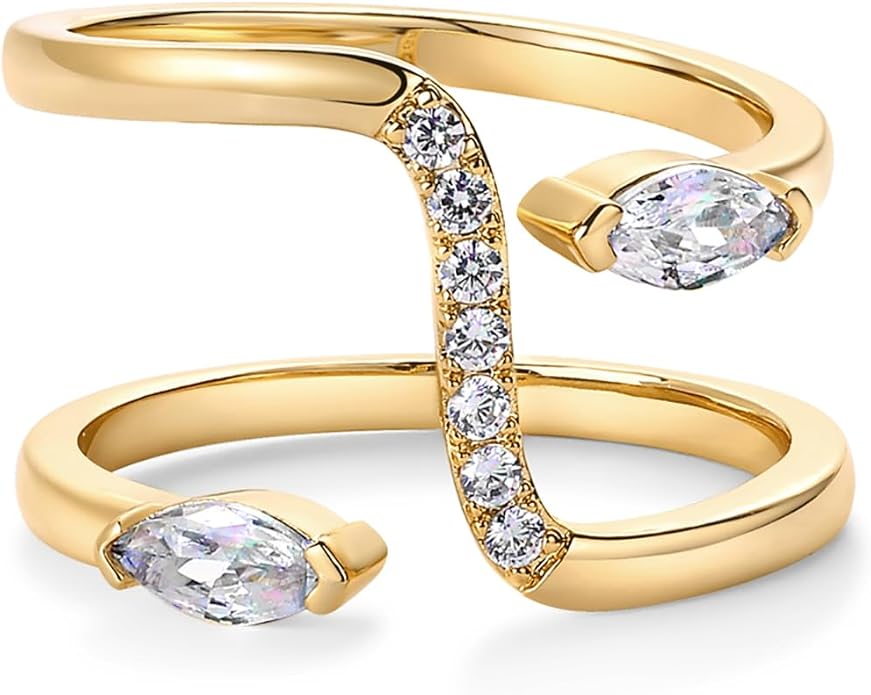 PAVOI 14K Gold Plated Cubic Zirconia Bypass Open Band Stackable Ring for Women | CZ Statement Eternity Rings