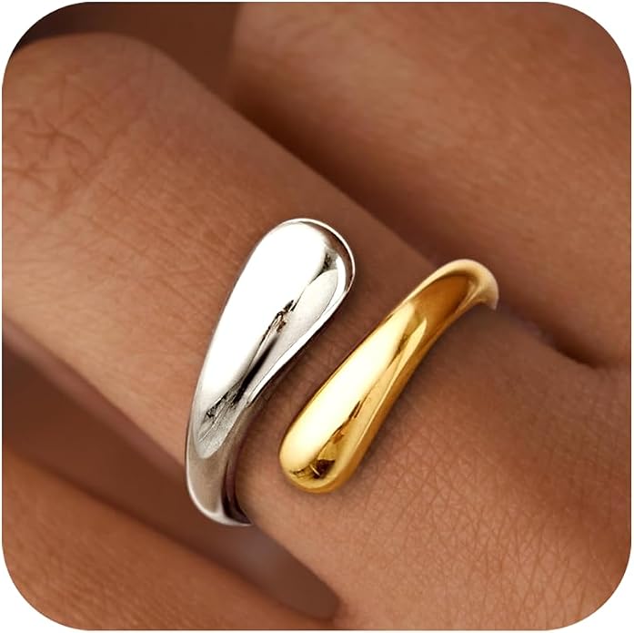 Non Tarnish Gold Chunky Rings for Women, 14K Gold Plated Statement Dome Rings Stacking Silver, Adjustable Mens Eternity Wedding Band Mixed Metal Jewelry Size 3-13