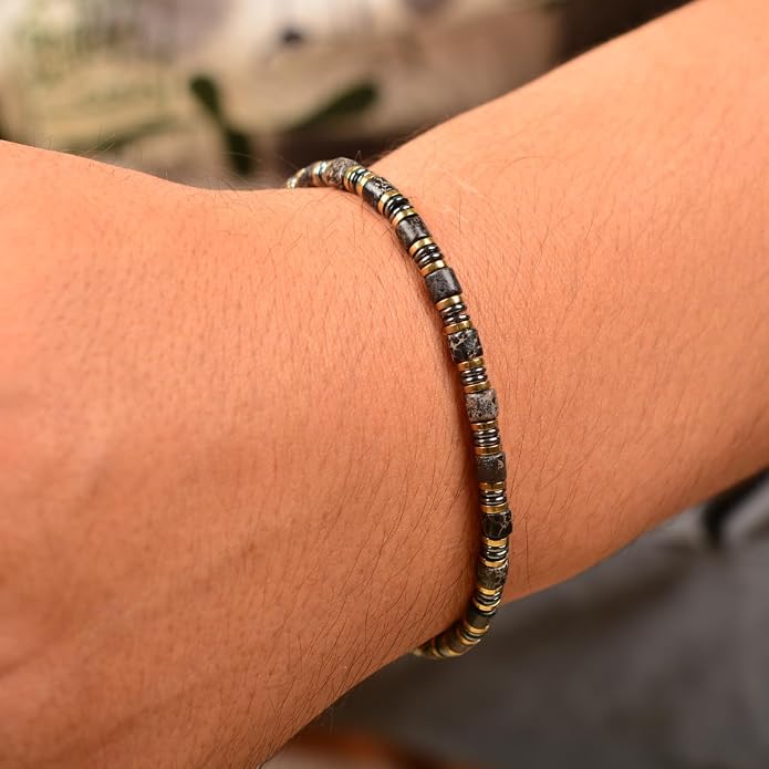 Nightfall Glow Hematite Bracelet for Men, Emperor Stone Beaded Bracelet, Handcrafted Original Design, Adjustable Stainless Steel Bracelet 6.89-8.8 Inch, Stackable Wrist Bracelet, Birthday Gift for Men Dad Boyfriend