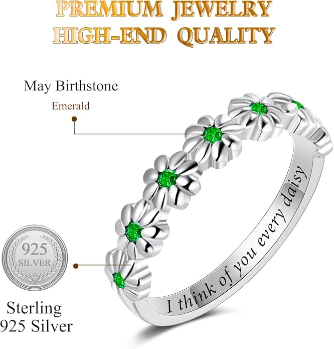 Dainty Daisy Ring for Women, S925 Sterling Silver Cubic Zirconia Sunflower Flower Ring For Daughter, I Think Of You Every Daisy Ring, Birthstone Flower Ring